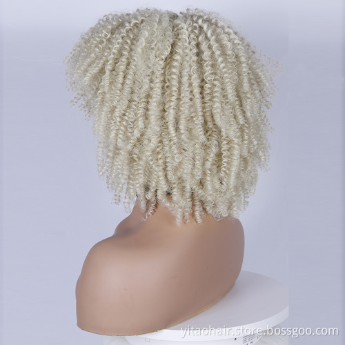 Wholesale Light Blonde Curly Wigs for Women Afro Curly Wigs with Bangs 14 Inch Afro Kinky Loose Curly Wave Synthetic Hair Wigs